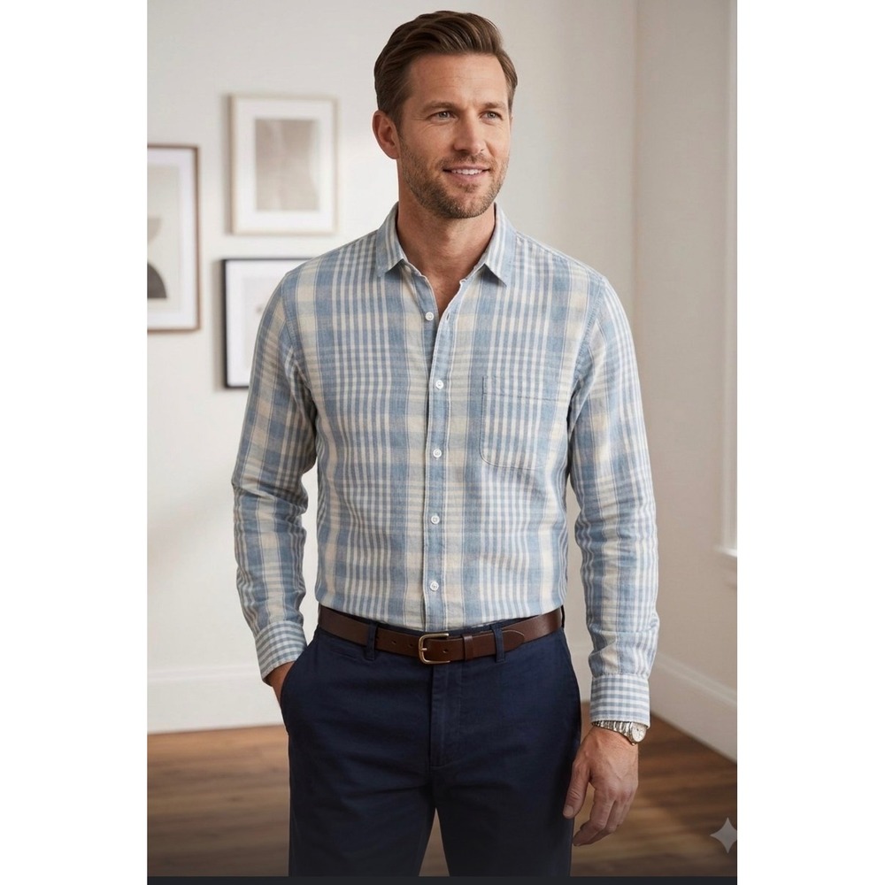 J.Crew Mens Blue Cream Plaid Cotton Button Down Shirt Large Long Sleeve